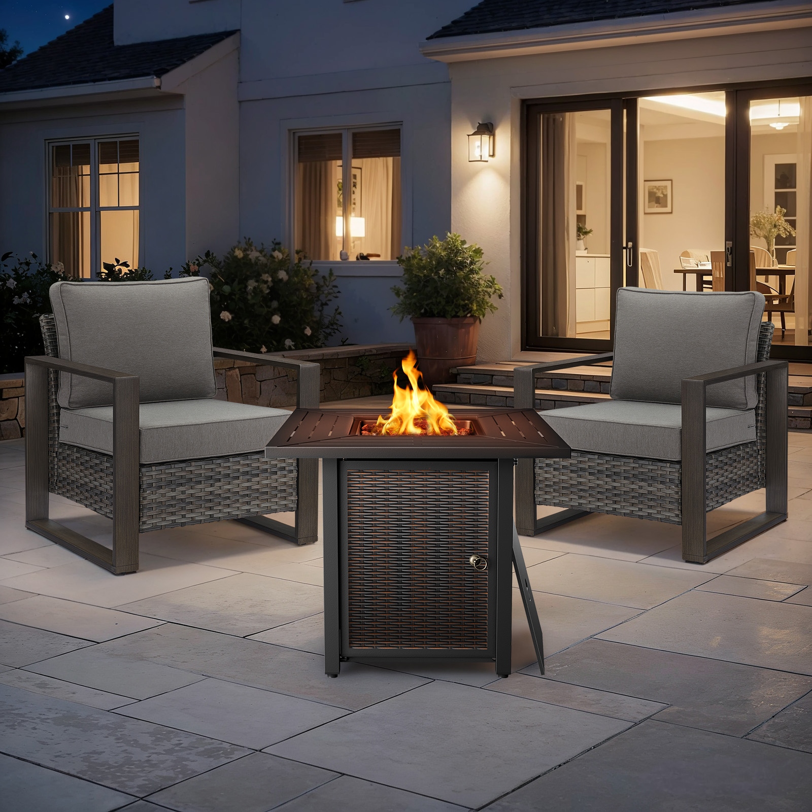 Meyreso 3-Piece Wicker Patio Conversation Set with Metal Fire Pit & Plush 4.5" Olefin Cushions - Gray Wicker - Gray Cushions