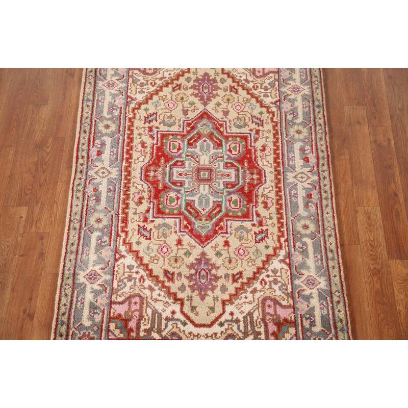 Geometric Beige Heriz-Serapi Foyer Rug Hand-Knotted Wool Carpet - 3'0" x 5'1"