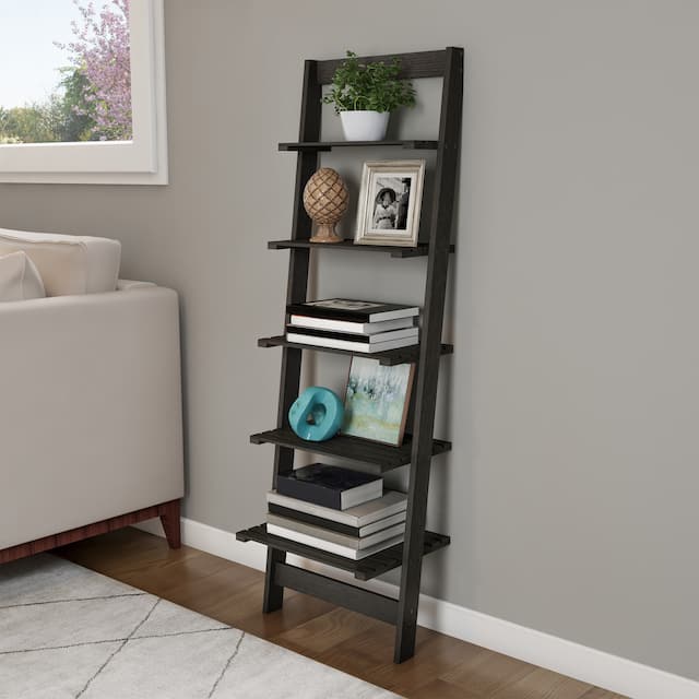 Lavish Home 5-Tier Leaning Ladder Bookshelf - Black