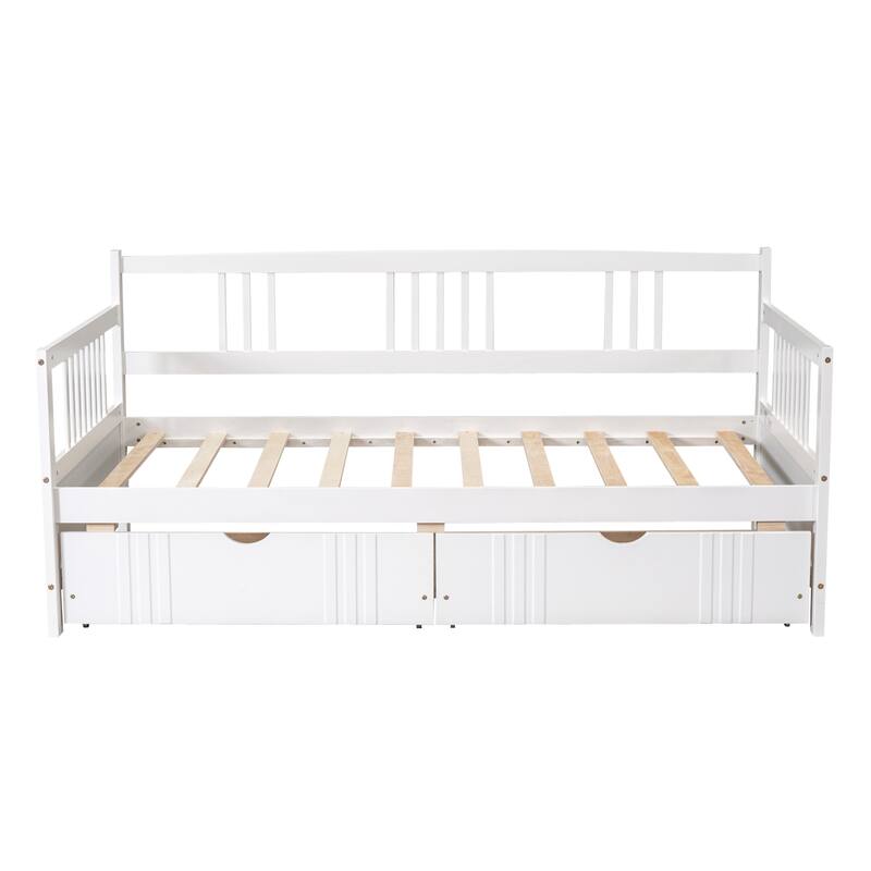 Wooden Platform Bed Frame with Guard Rails, Twin Size Daybed with Drawers and Armrest, Lounge Sleeper Sofa Bed