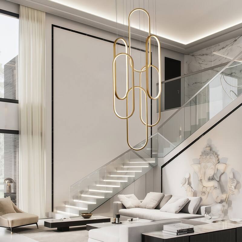 Modern Chandelier 6 Ring Adjustable Height Long Staircase LED Chandeliers Foyer Ceiling Light