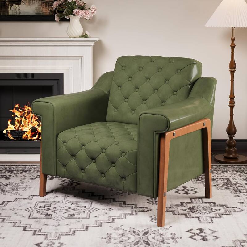 Cozy Accent Chair,PU Leather Modern Living Room Chairs,Mid-Century Office Reading Chair,Single Sofa,Armchair - Green