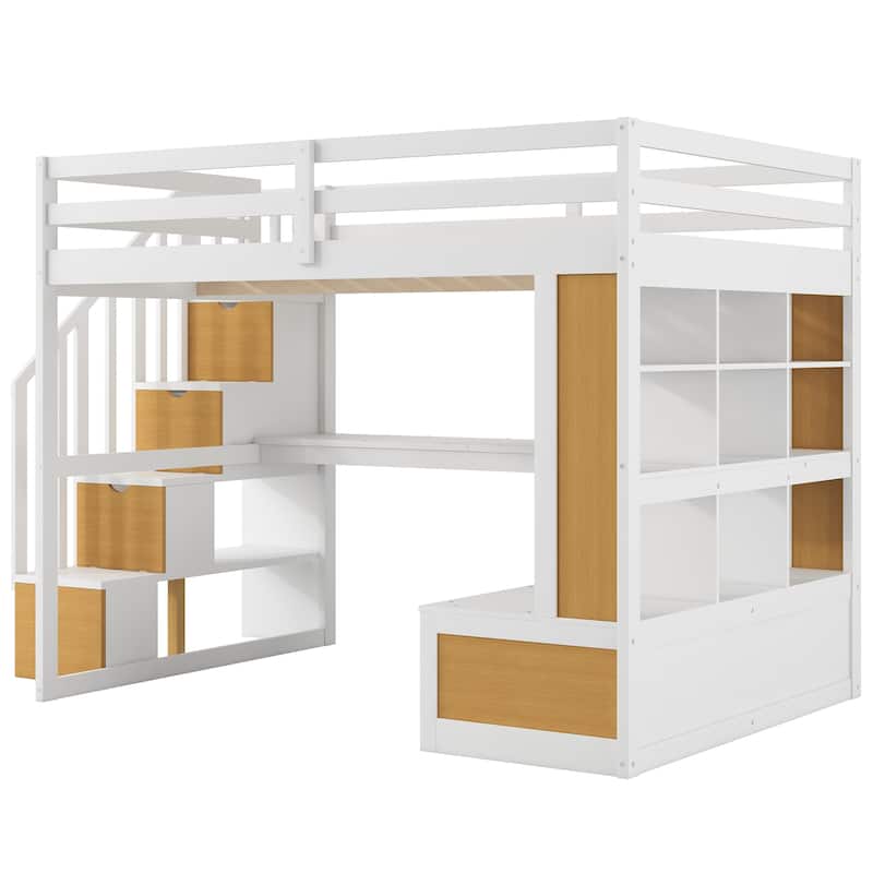Full Size Loft Bed with Desk, Shelves, Drawers, and Storage Staircase in White and Natural