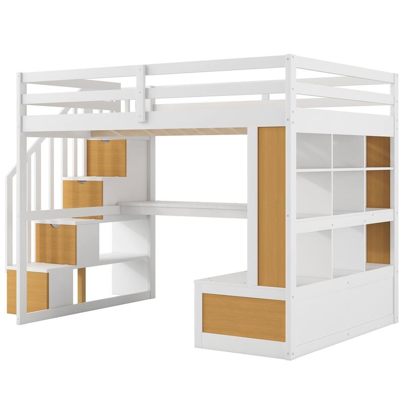 Full Size Solid Wood Loft Bed with Desk and Shelves, Two Built-in Drawers, Storage Staircase