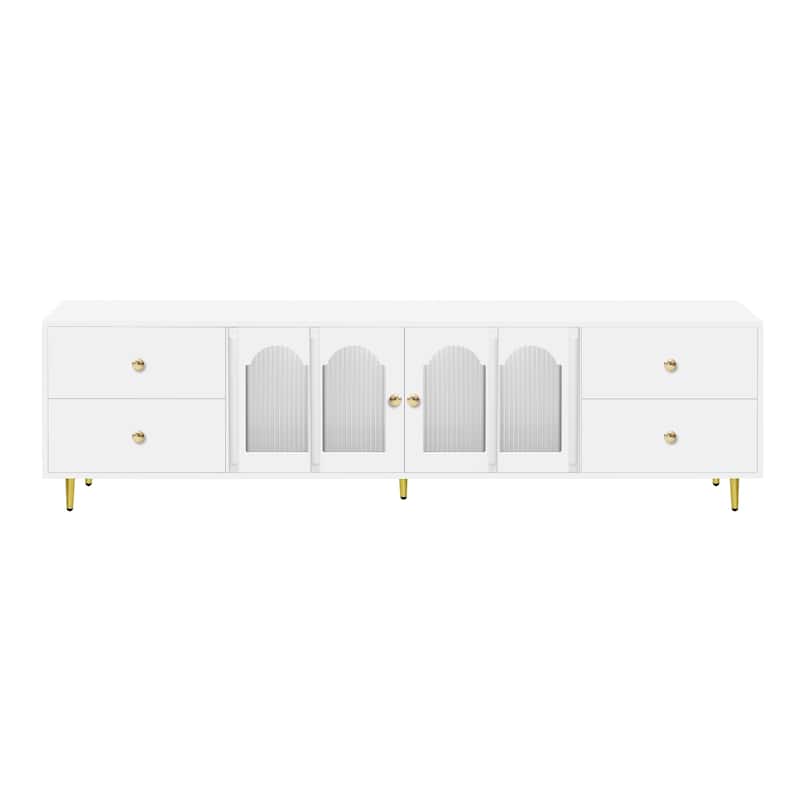 Roomfitters Modern TV Stand for up to 75 Inch TV, Entertainment Console with Glass Door, Drawers and Cabinets, White