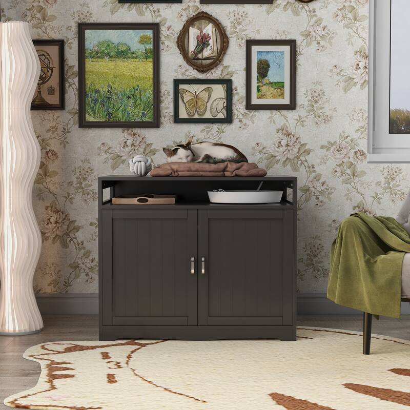 Indoor Cat Washroom Storage Bench Side Table Cat House, Large Wooden Enclused Litter Box House - Walnut