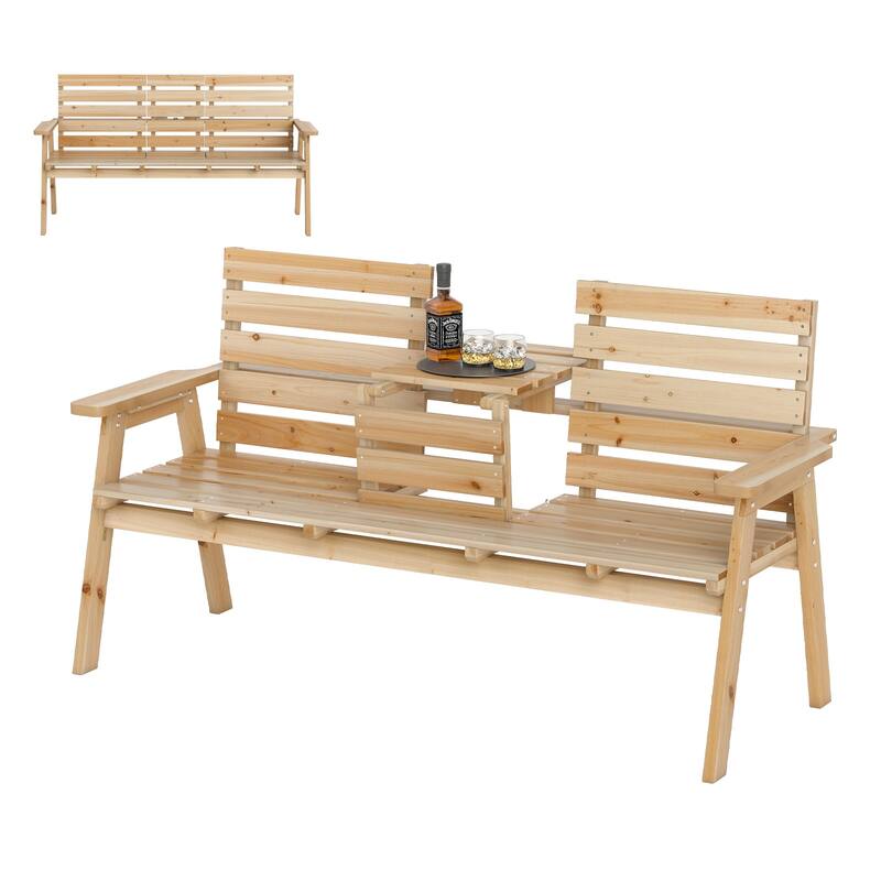 Gymax Outdoor Fir Wood Bench w/ Foldable Middle Table w/ Backrest & - Natural