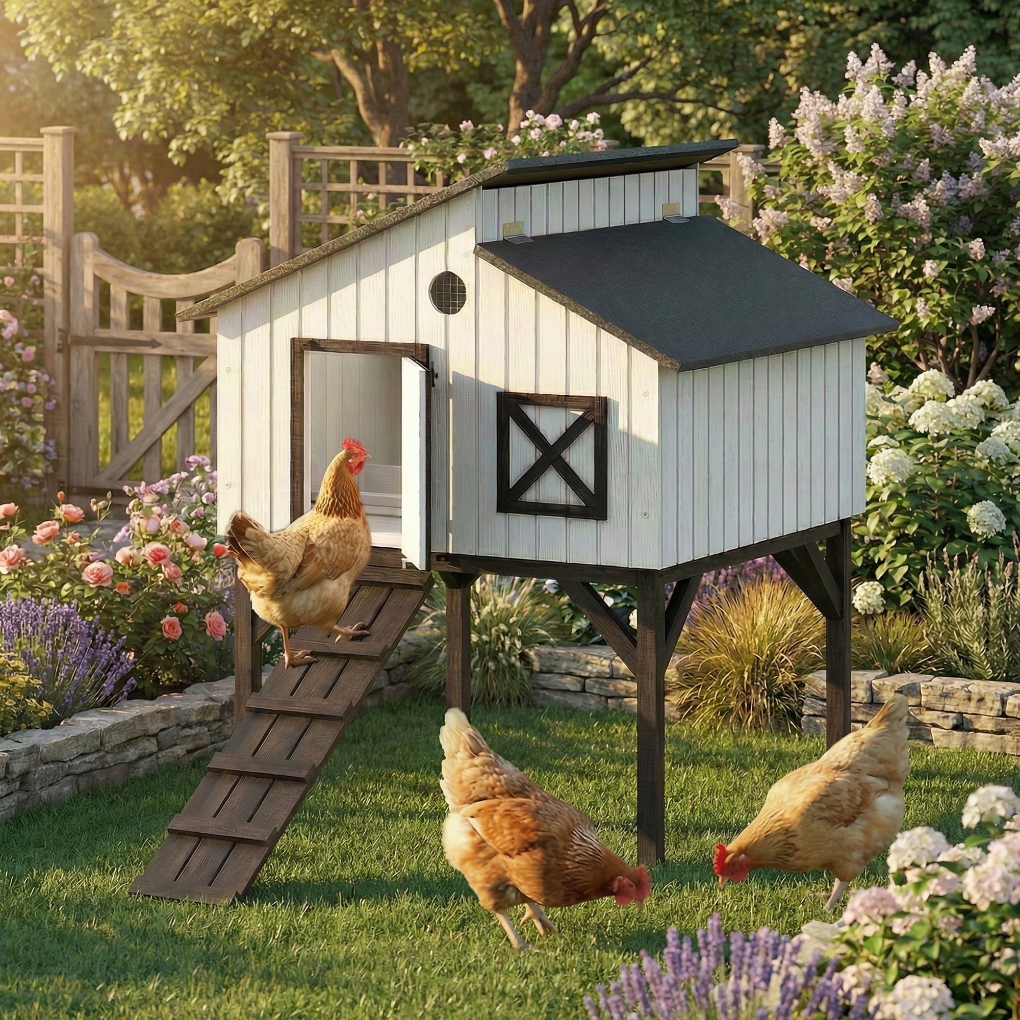 PawHut Elevated Wooden Chicken Coop Rabbit Hutch House with Ramp
