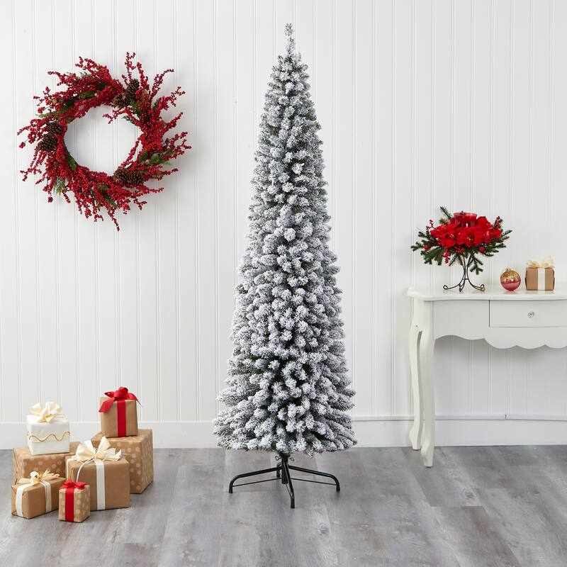 7ft. Flocked Pencil Artificial Christmas Tree with 574 Branches - Sleek Winter Wonderland Holiday X-Mas Tree