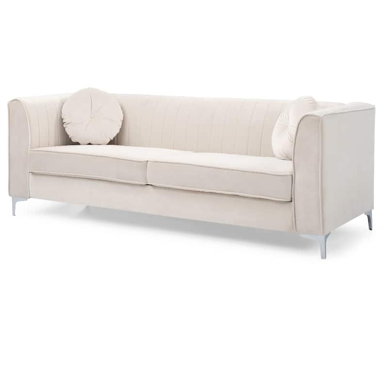 Channel Tufted Velvet 2-Seater Sofa with Throw Pillows - 87" - Beige