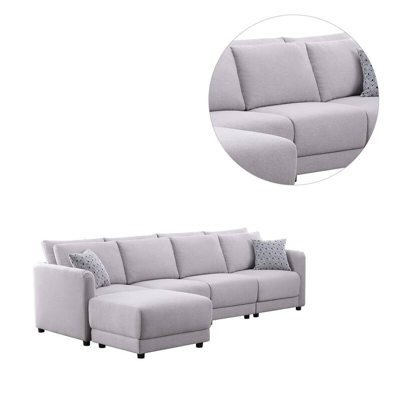 Linen Upholstered 4-Seater Sofa with Ottoman in Light Gray