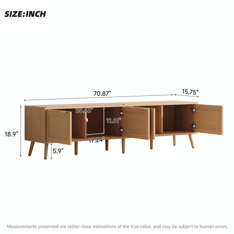 70" Modern TV Stand with Rattan Doors for TVs up to 80", Media Console with Storage Space & Cable Holes