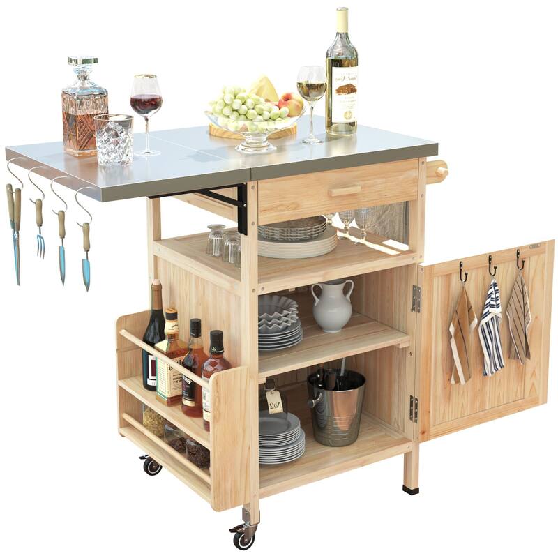 Multi-Functional BBQ Prep Table with Solid Wood Frame, Adjustable Shelves, and Towel Rack for Outdoor Use