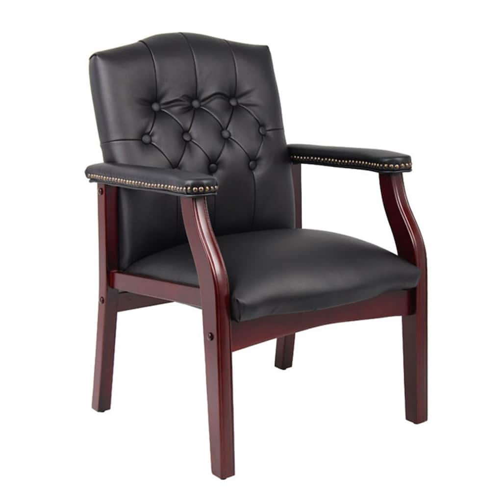 Koe Classic Reception Guest Armchair, Black Vinyl Tufted Back, Wood Legs