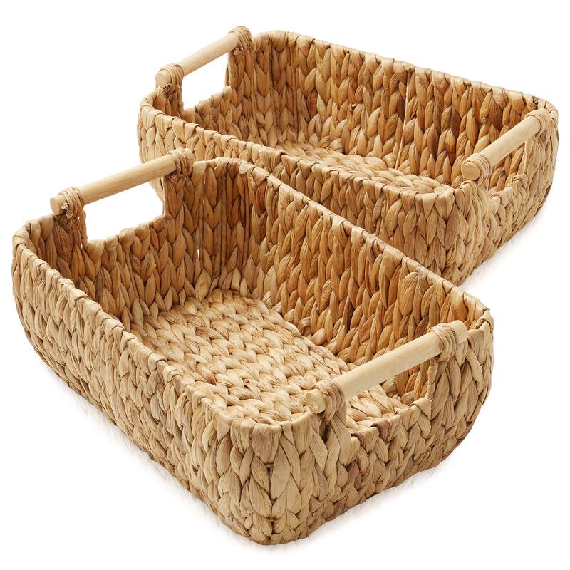 Hyacinth Seagrass Oval Storage Baskets with Wooden Handles Woven Bins