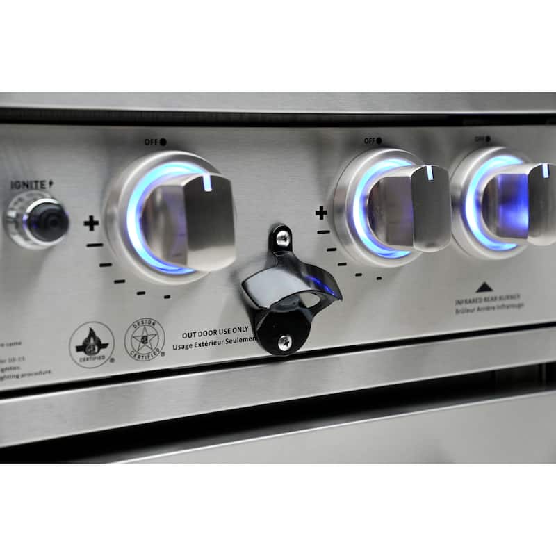Mont Alpi MAi805-BSS90 L-Shaped 6-Burner Black Stainless Steel Modular Outdoor Kitchen Island Gas Grill + Infrared Side Burner