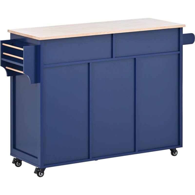 Kitchen Island with 8 Handle-Free Drawers, Rubber Wood Top, Flatware Organizer & 5 Wheels for Storage & Organization
