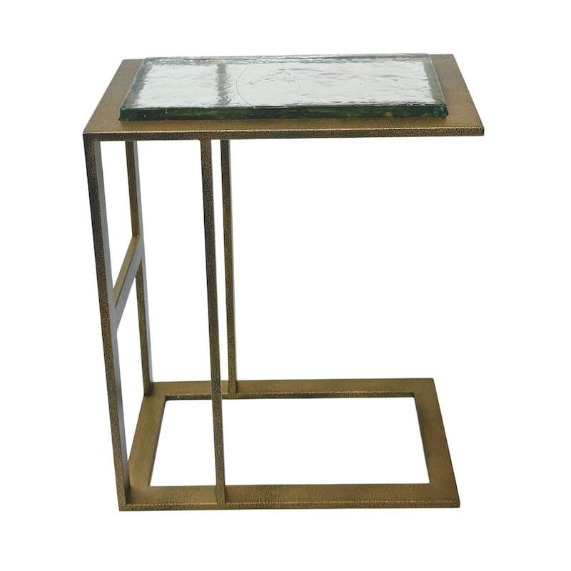 Castella C Shaped End Table - Powder Coated Iron Frame and Glass Top Accent Table Antique Brass Finish