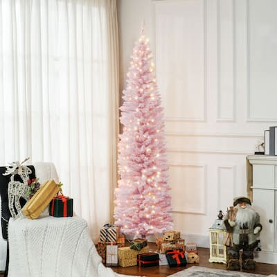 Pink White Plastic Steel Pencil Christmas Tree with 210 LED Lights - 21.6" Dia. x 82.8"H