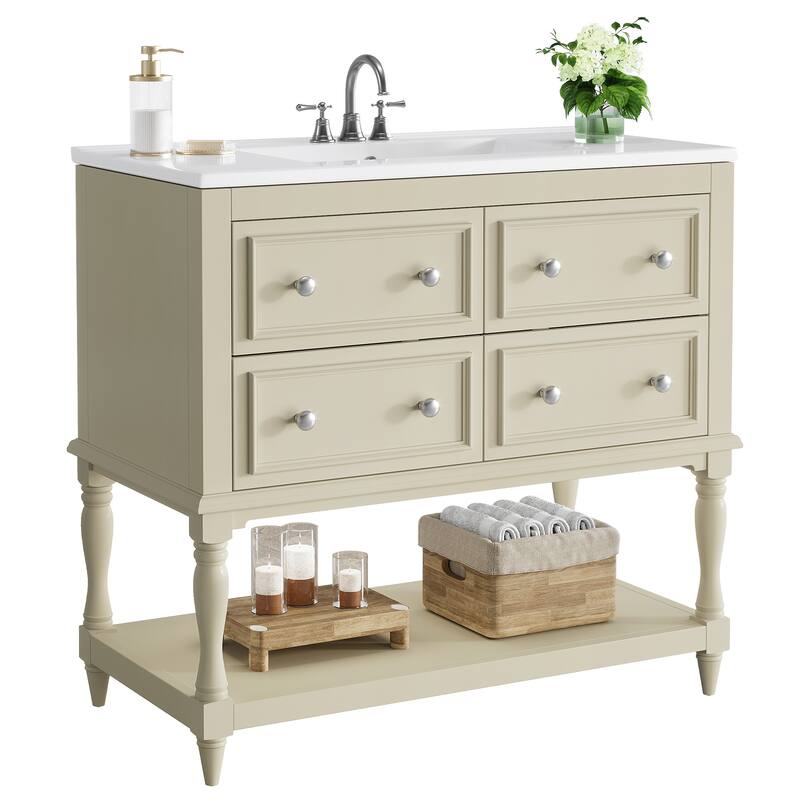 35.4" Beige Single Bathroom Vanity with Ceramic Basin and 4 Drawers