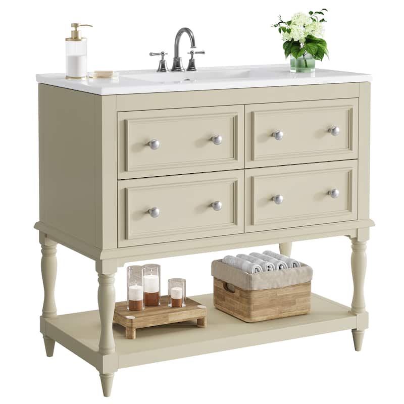 36" Modern Bathroom Vanity with Ceramic Basin, 4 Drawers