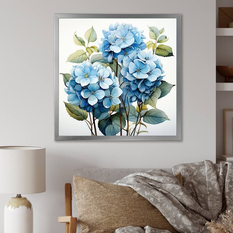 Designart "Blue Hydrangea Flower Elegance II" Hydrangea Wall Decor Blue Traditional Entryway Framed Wall Art Print - 36 in. wide x 36 in. high - Silver