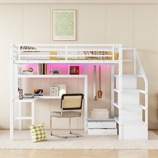 Full Size Metal Loft Bed with LED Light & Charge Station and Wardrobe ...