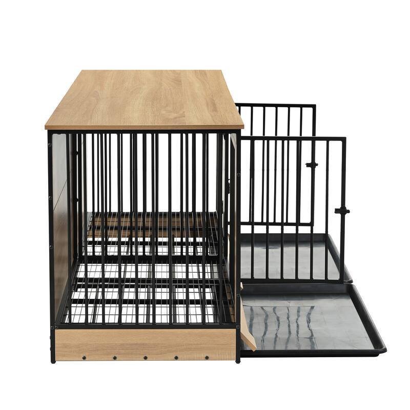 75'' Double Dog Crate Furniture, Extra Large Heavy Duty Dog Crates End Table, Wooden Dog Kennel with Removable Tray & Divider