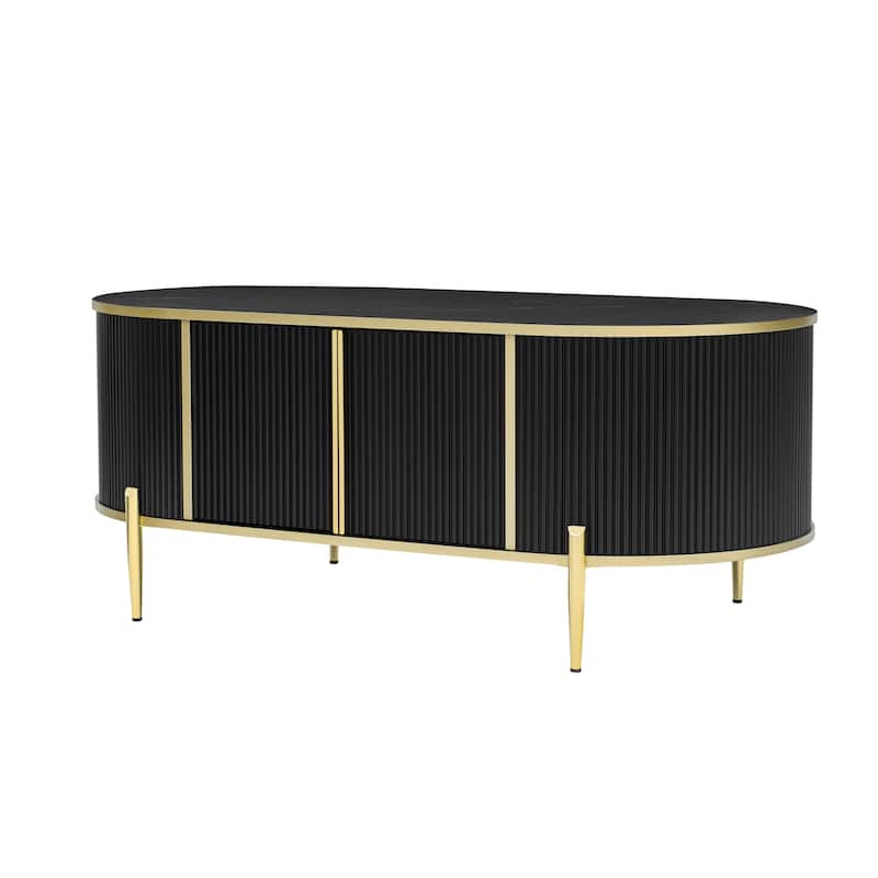 47.2" Modern Oval Coffee Table with Marble-patterned Top and 2 Cabinets