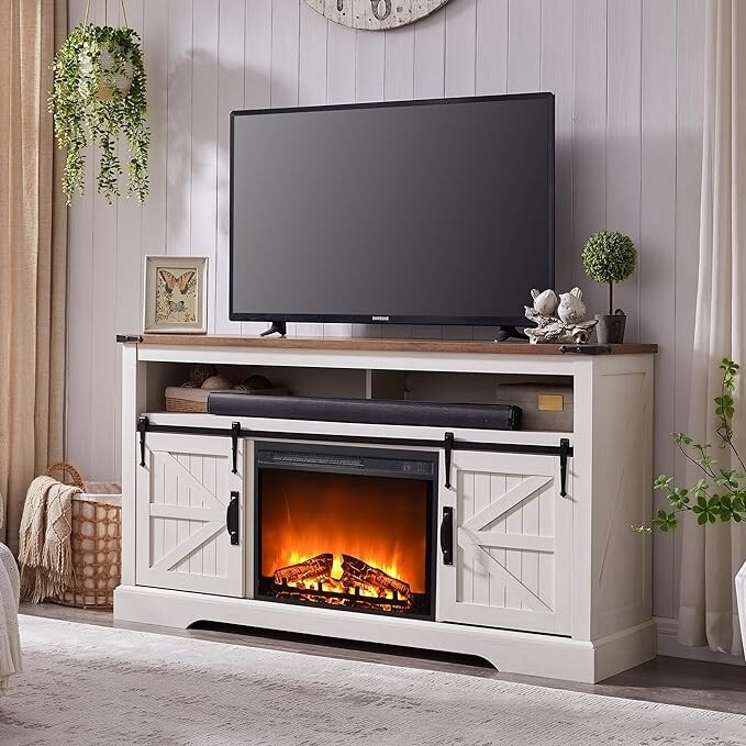 Tv stand with fireplace sliding barn doors discount