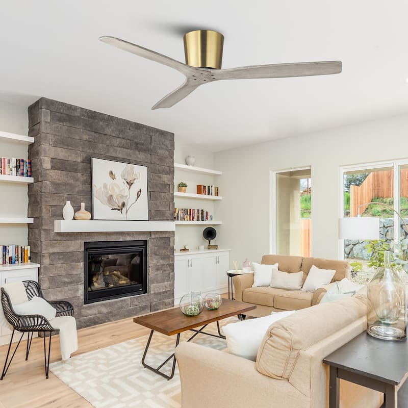 54" Farmhouse Gold Solid Wood Flush Mount Ceiling Fan without Light