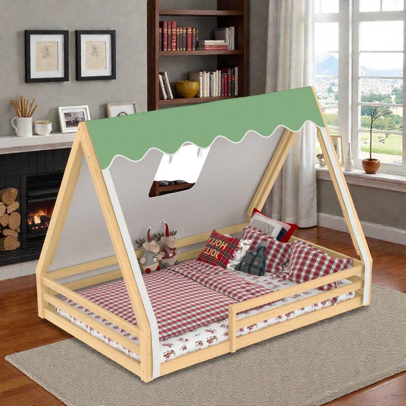 Montessori House Floor Bed with Tent and Lights, Solid Wood Teepee Bed with Guardrails, Twin/Full Kids Bed Frame