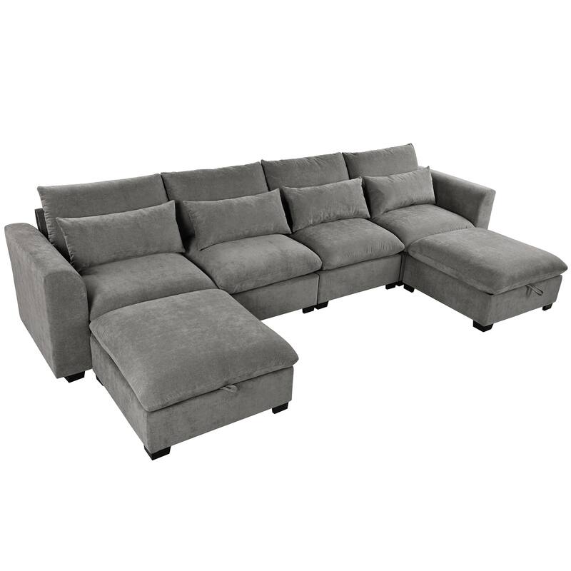 132.3" Linen Blend U-Shaped Sectional Sofa with Ottomans & Storage