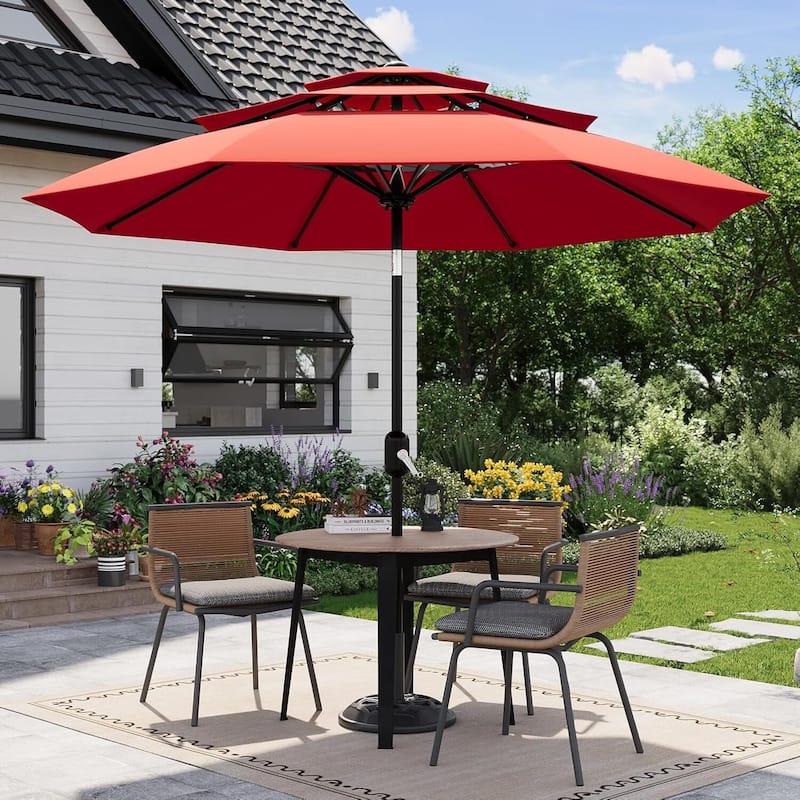 3-Tier 10Ft Patio Umbrella, Easy Crank and Push Button Tilt for Pool, Deck, Yard, Garden (No Base) - Red