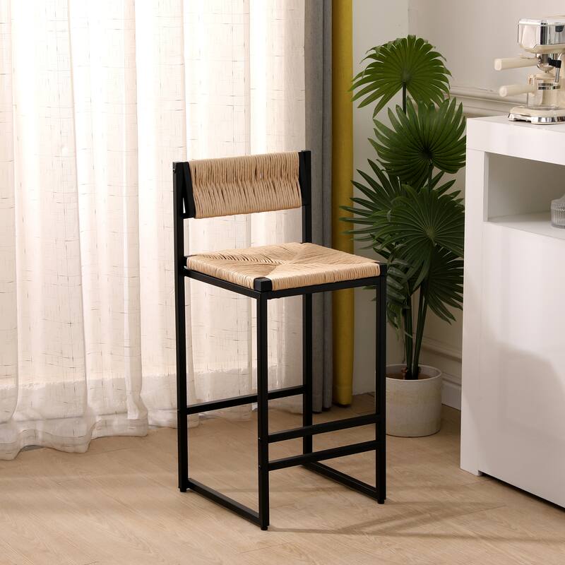 Paper Rope Woven Bar Stools Set of 2 Hand Weave Counter Stool with footrest for Kitchen Island, Dining Room