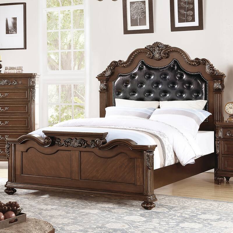 Wooden Bed With Padded Headboard in Dark Cherry Finish - King