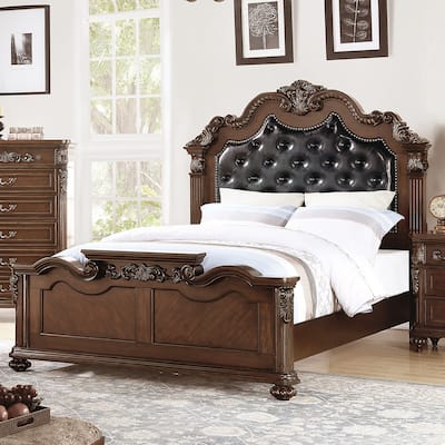 Wooden Bed With Padded Headboard in Dark Cherry Finish