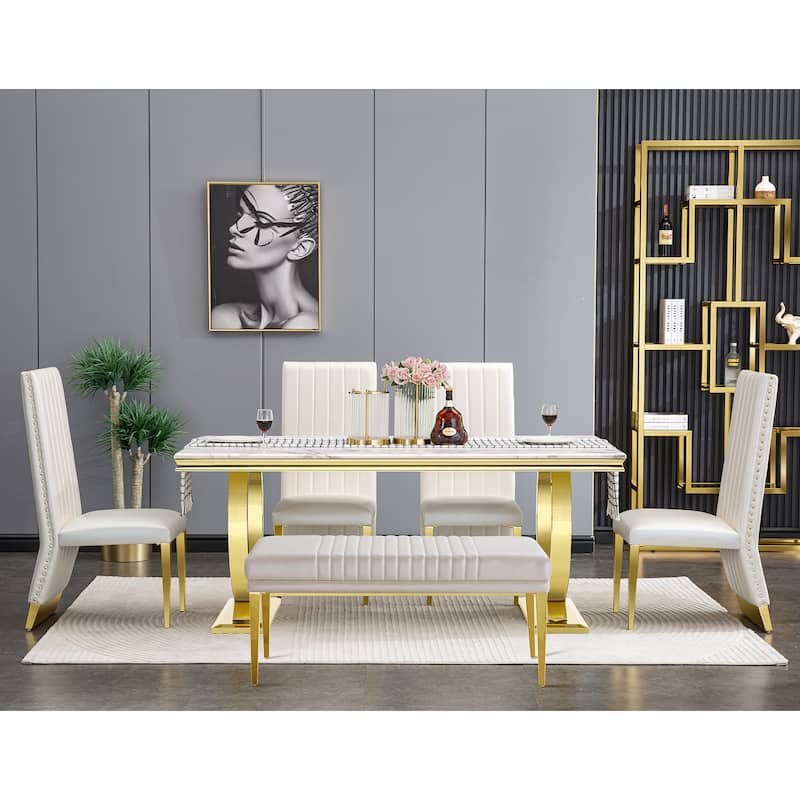 Modern Luxury Upholstered Bench Dining Room Channel Ottoman with Gold Stainless Steel Legs