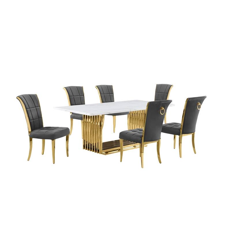 Best Quality Furniture D312/3-SC320-7 Dining Set with 79" White Marble Top