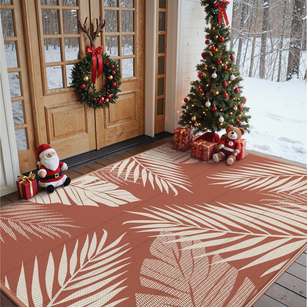 Reversible Outdoor Rug - Brick & Red Palm Leaf Design