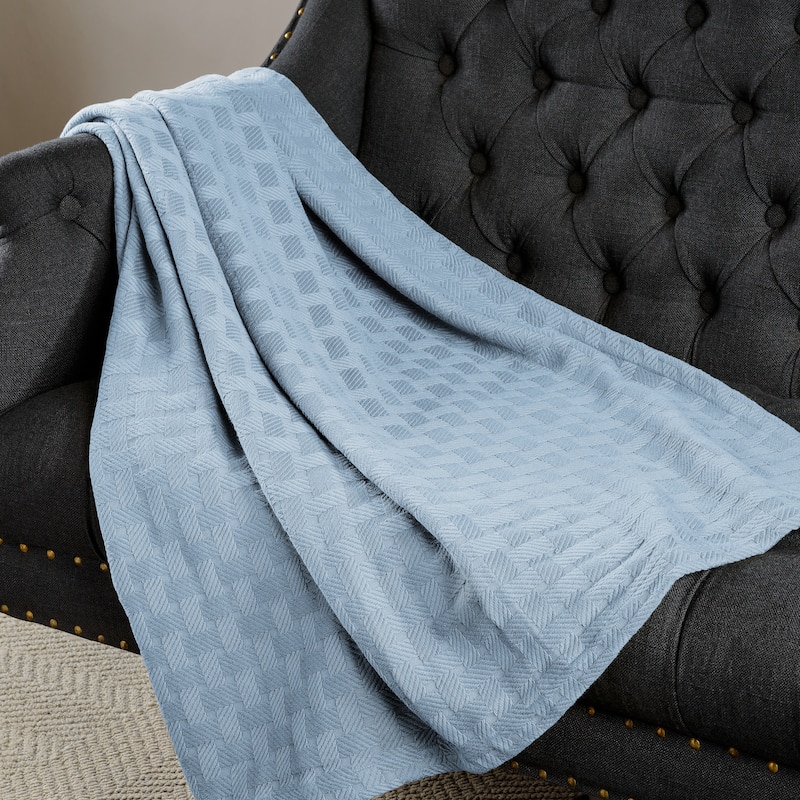 Superior Basketweave All-Season Bedding Cotton Blanket - Throw - Light Blue
