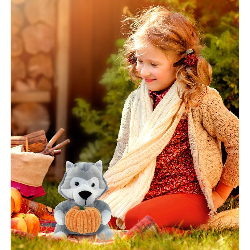 DolliBu Super Soft Wolf Stuffed Animal with Pumpkin Decor Plush - 6 inches