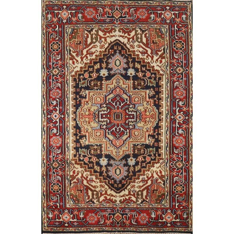 Hand Knotted Oriental 100% Wool Carpet Traditional Medallion Navy Blue & Blues Heriz (serapi) Area Rug - 5' 11'' X 4' 0''