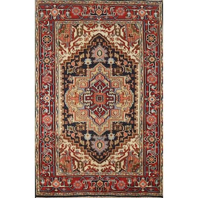 Hand Knotted Oriental 100% Wool Carpet Traditional Medallion Navy Blue & Blues Heriz (serapi) Area Rug - 5' 11'' X 4' 0''