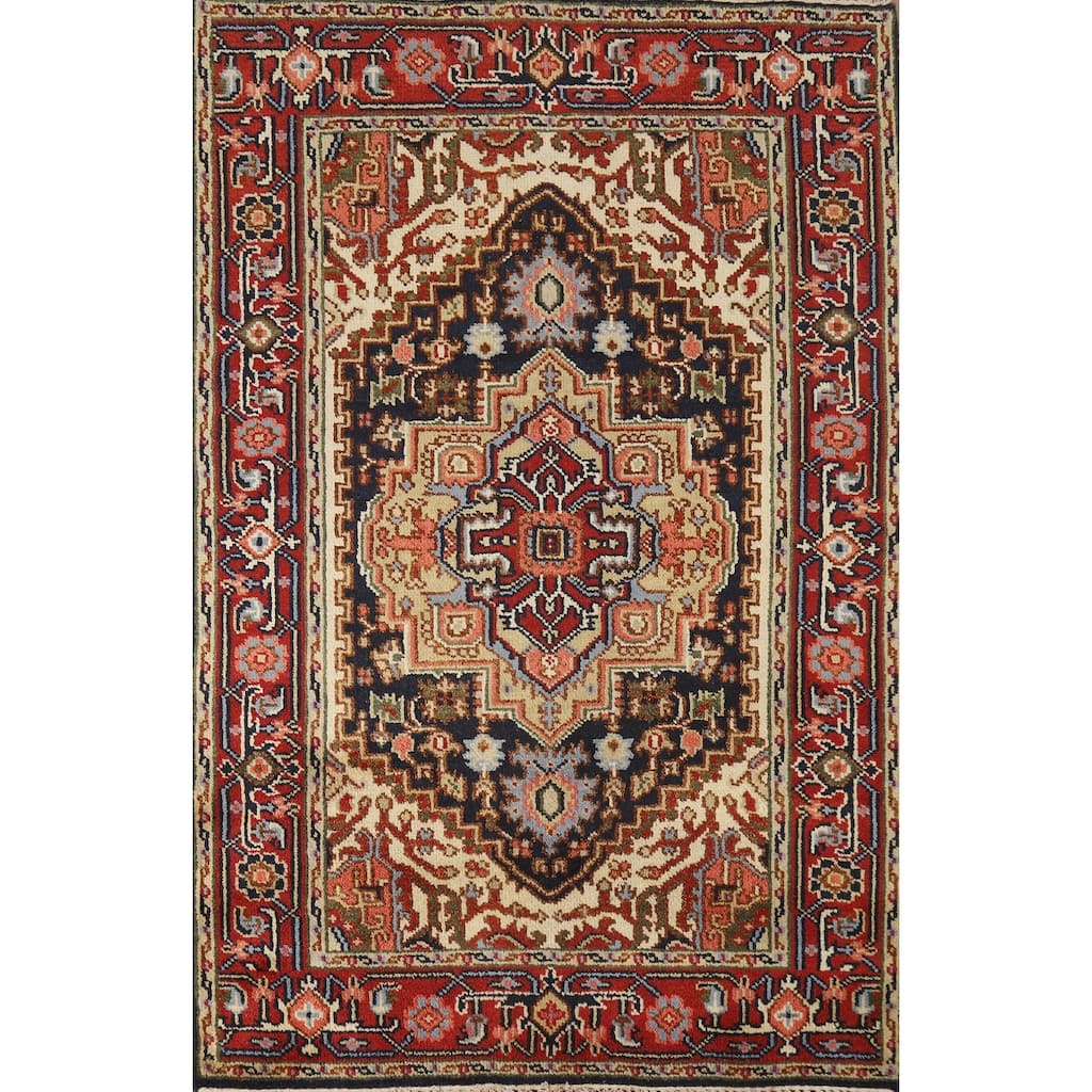 Hand Knotted Oriental 100% Wool Carpet Traditional Medallion Navy Blue & Blues Heriz (serapi) Area Rug - 5' 11'' X 4' 0''