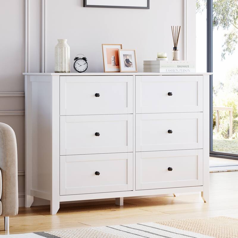6 Drawers Cabinet,Wood Double Chest of Dresser Wide Storage Organizer