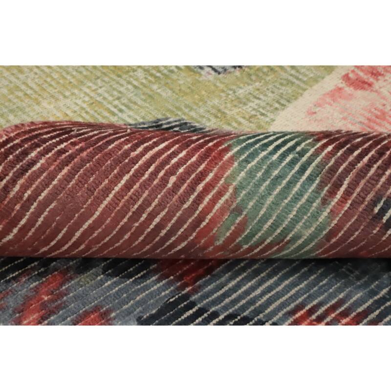Hand Knotted Oriental Viscose Silk Carpet Modern Pictorial Multi-Colored Abstract Area Rug - 7' 8'' X 5' 6''