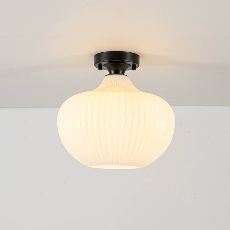 1-Light Modern Elegant Ribbed Glass Flush Mount with Brushed Brass/Matte Black Finish for Bedroom & Foyer