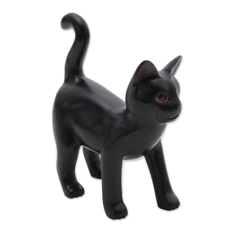 Handmade Curious Kitten In Black Wood Sculpture (Indonesia) - 7.25" H x 6.25" W x 3" D