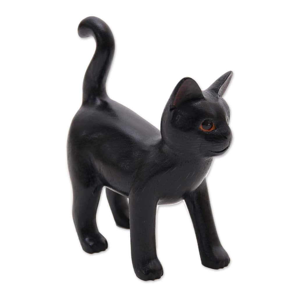 Handmade Curious Kitten In Black Wood Sculpture (Indonesia) - 7.25" H x 6.25" W x 3" D
